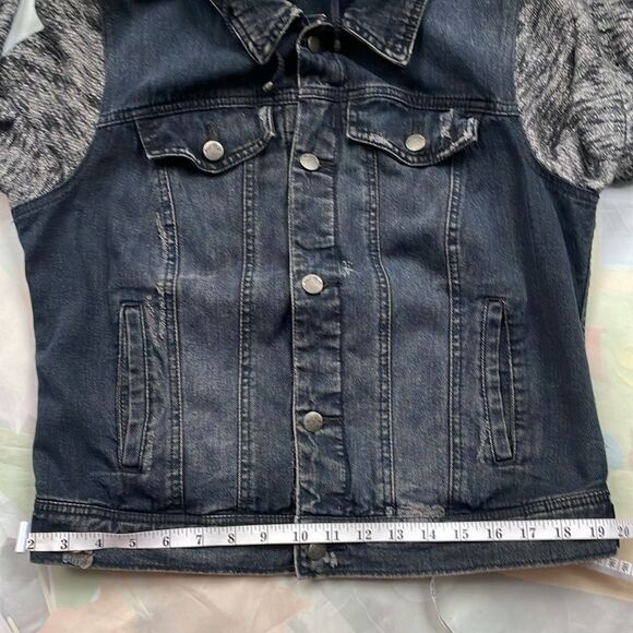 Free People Hooded Denim Knit Jacket Navy Black Gary Distressed L Mixed Media - Picture 8 of 13